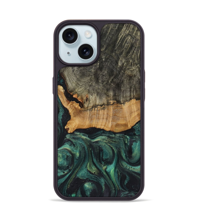 iPhone 15 Wood+Resin Phone Case - Jeffery (Green, 720871)