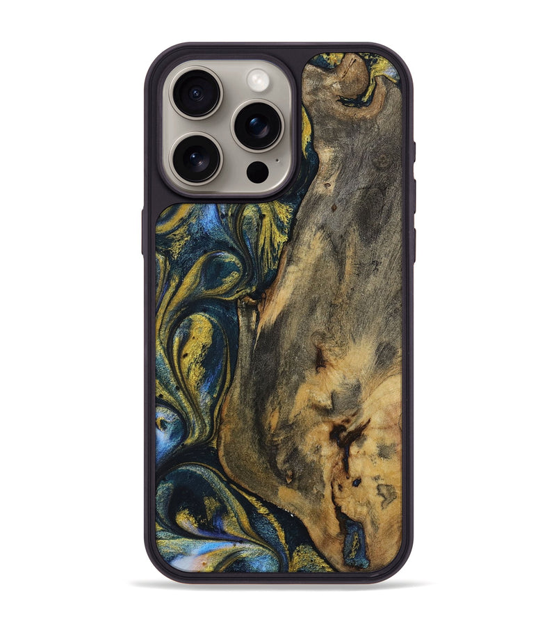 iPhone 15 Pro Max Wood+Resin Phone Case - Jenna (Teal & Gold, 720898)