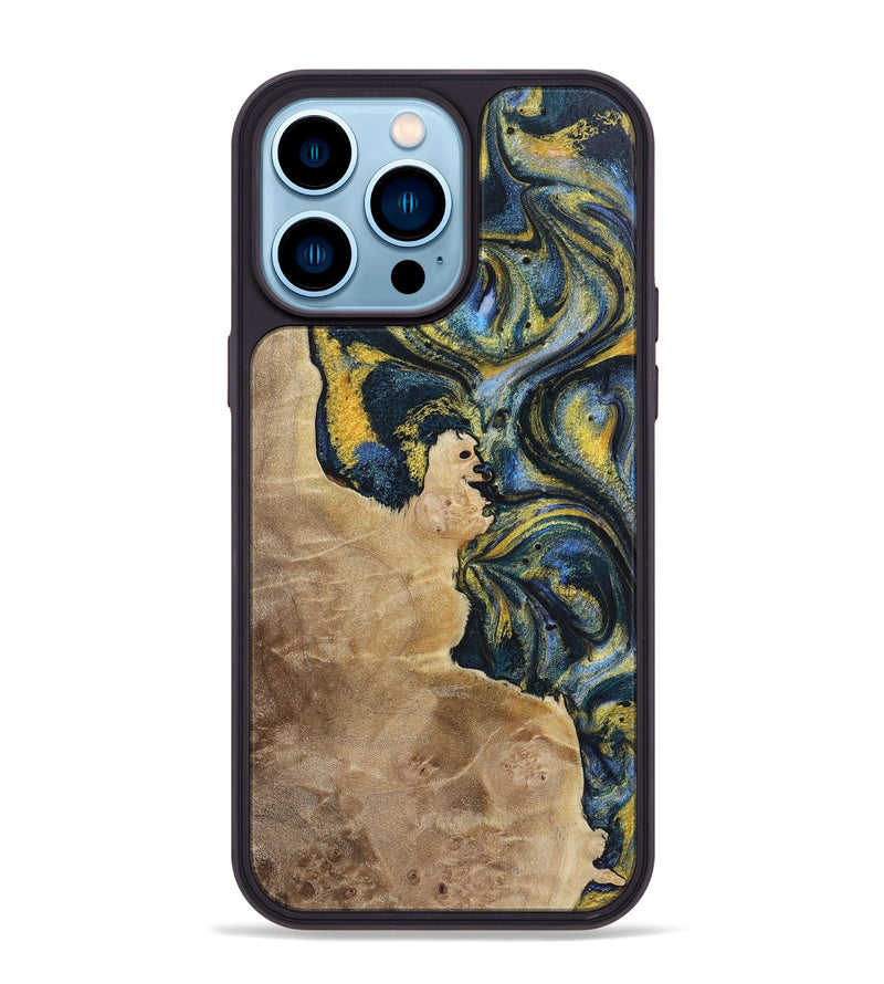 iPhone 14 Pro Max Wood+Resin Phone Case - Wilbert (Teal & Gold, 720900)