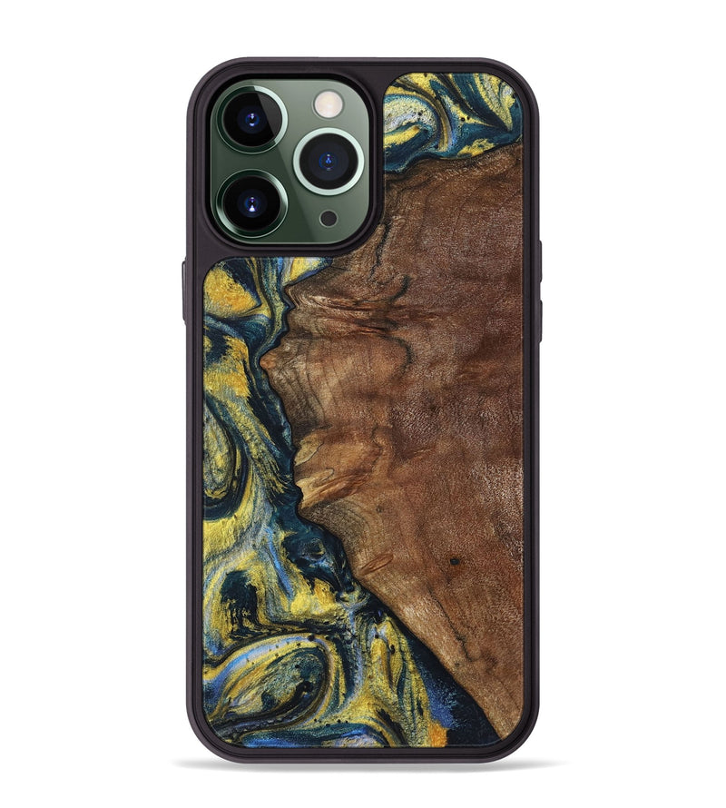 iPhone 13 Pro Max Wood+Resin Phone Case - Larry (Teal & Gold, 720903)