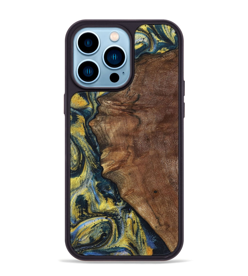 iPhone 14 Pro Max Wood+Resin Phone Case - Larry (Teal & Gold, 720903)