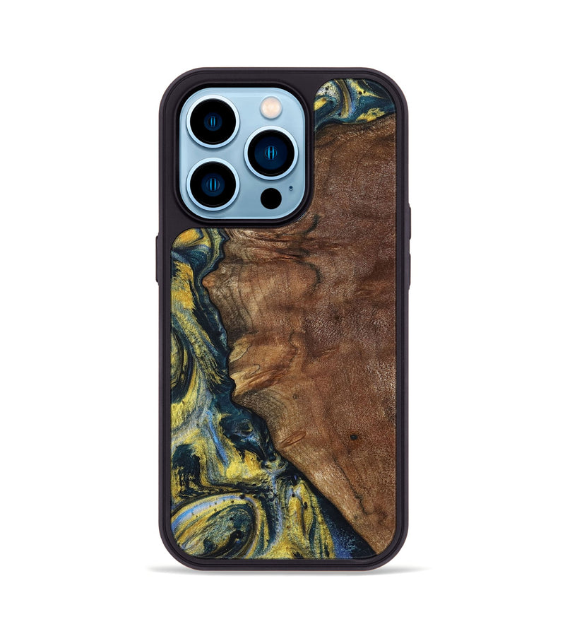 iPhone 14 Pro Wood+Resin Phone Case - Larry (Teal & Gold, 720903)