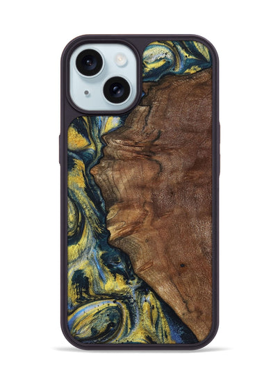 iPhone 15 Wood+Resin Phone Case - Larry (Teal & Gold, 720903)