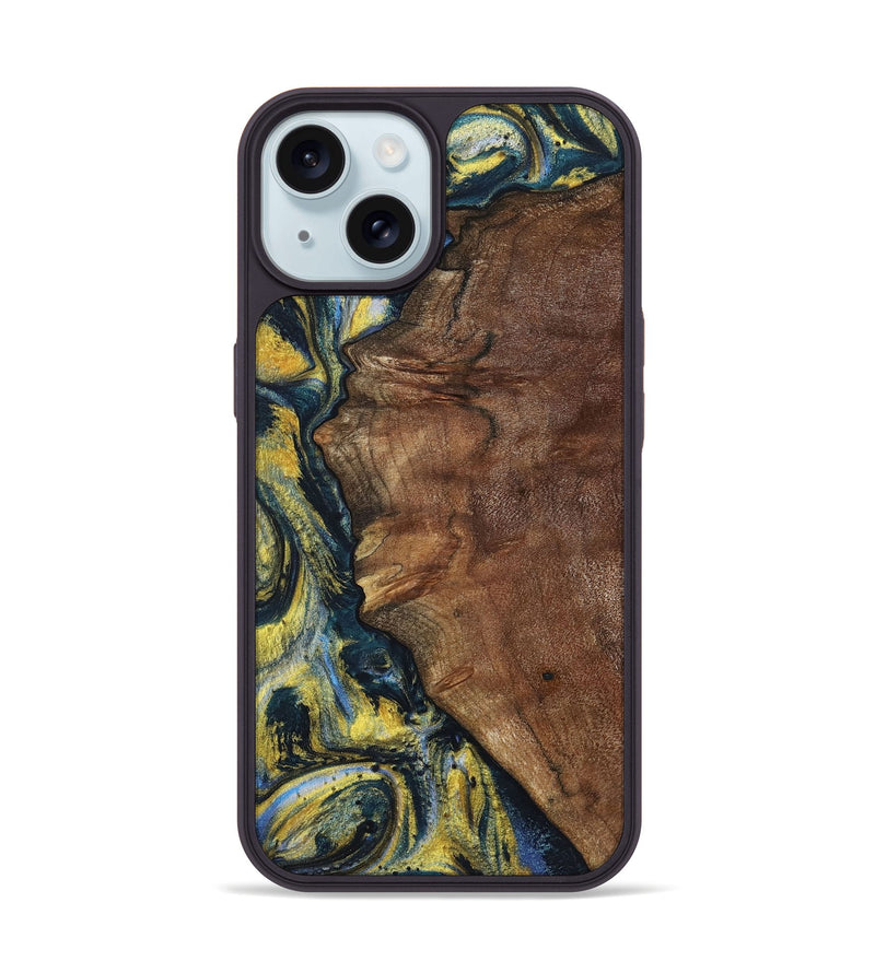 iPhone 15 Wood+Resin Phone Case - Larry (Teal & Gold, 720903)