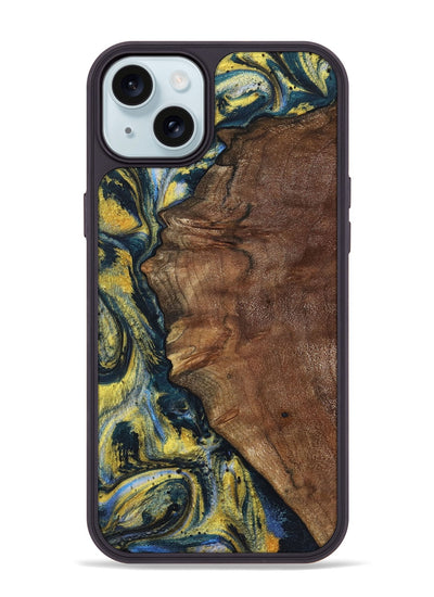 iPhone 15 Plus Wood+Resin Phone Case - Larry (Teal & Gold, 720903)