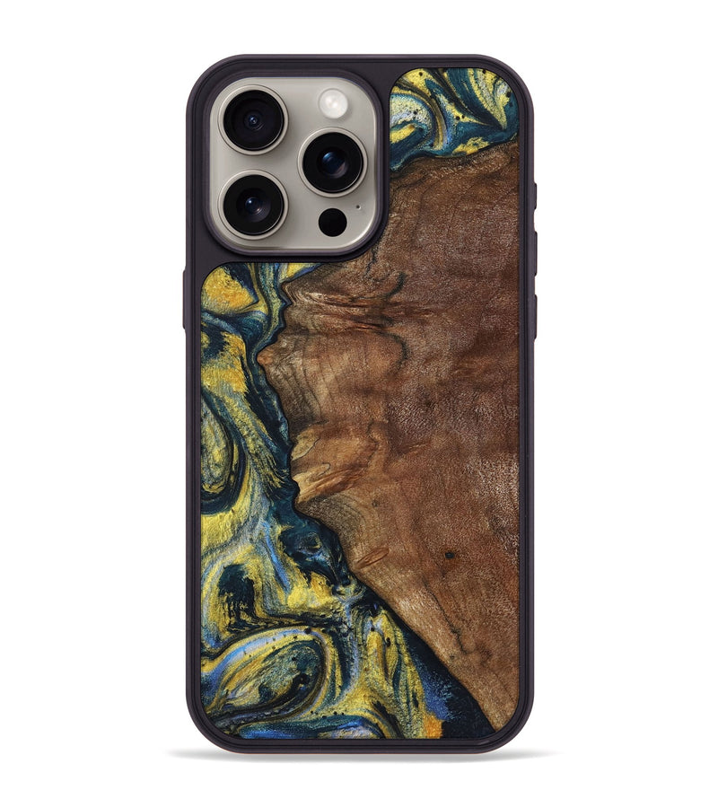 iPhone 15 Pro Max Wood+Resin Phone Case - Larry (Teal & Gold, 720903)