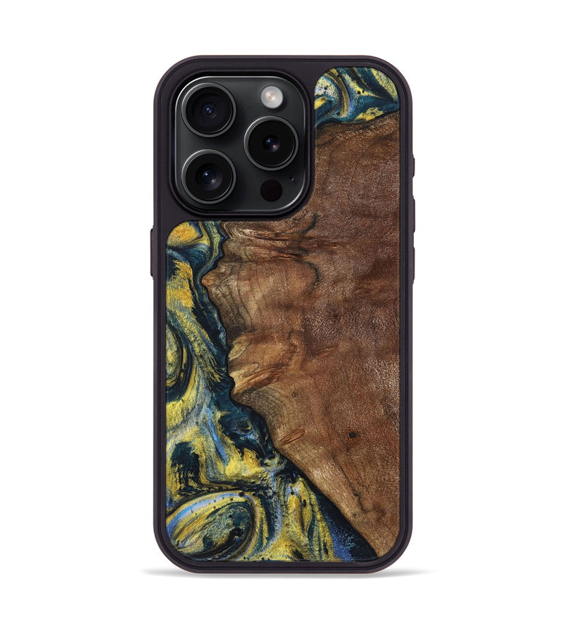 iPhone 15 Pro Wood+Resin Phone Case - Larry (Teal & Gold, 720903)