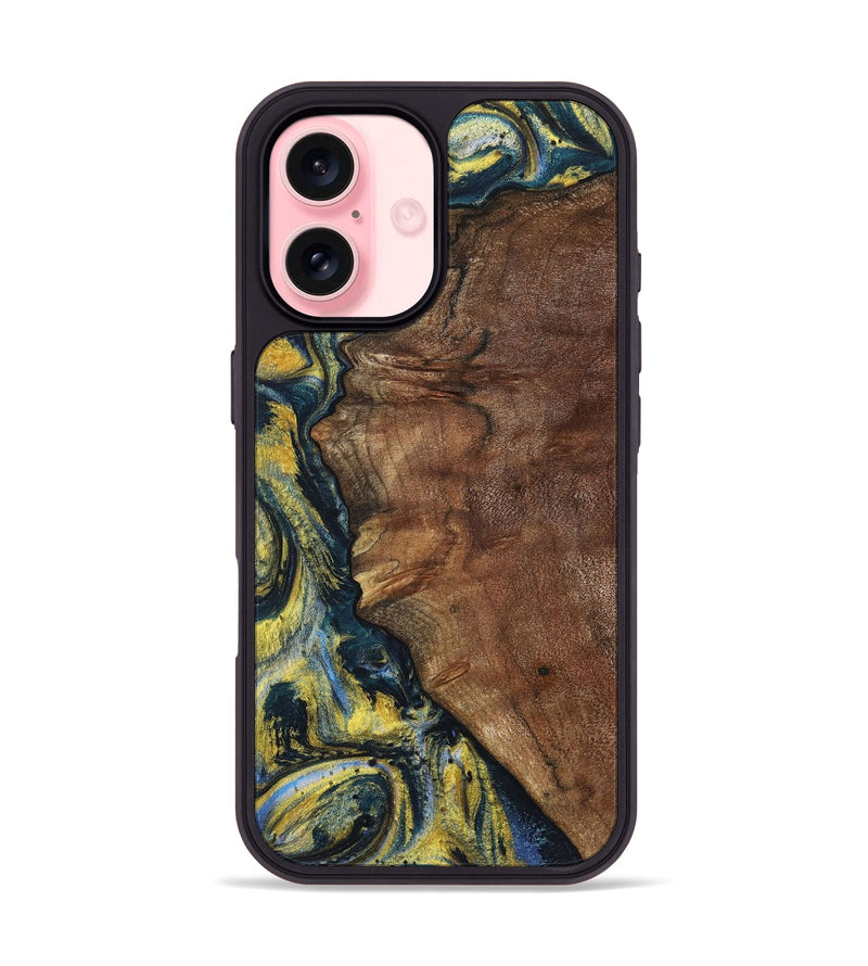 iPhone 16 Wood+Resin Phone Case - Larry (Teal & Gold, 720903)