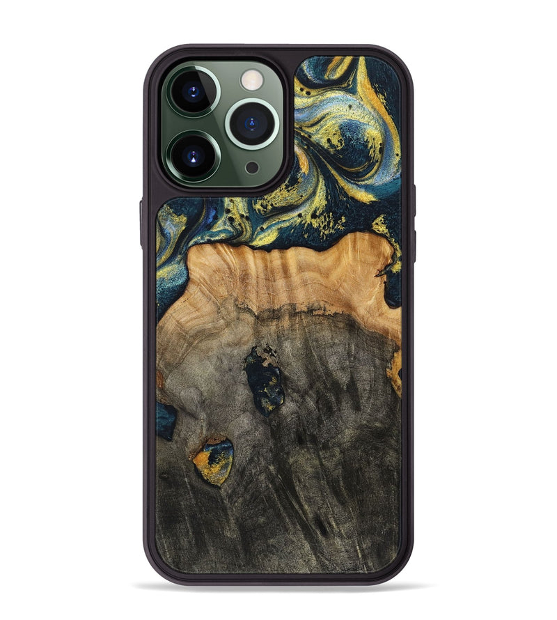 iPhone 13 Pro Max Wood+Resin Phone Case - Eduardo (Teal & Gold, 720907)