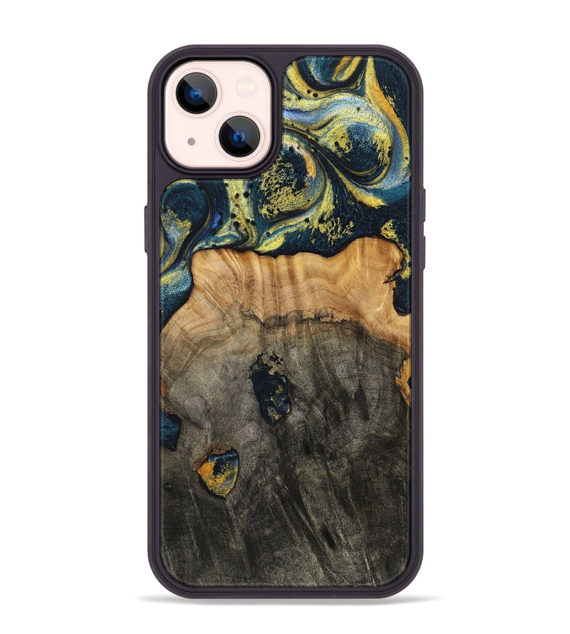 iPhone 14 Plus Wood+Resin Phone Case - Eduardo (Teal & Gold, 720907)