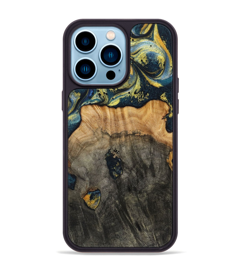 iPhone 14 Pro Max Wood+Resin Phone Case - Eduardo (Teal & Gold, 720907)