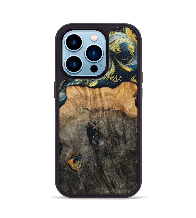 iPhone 14 Pro Wood+Resin Phone Case - Eduardo (Teal & Gold, 720907)