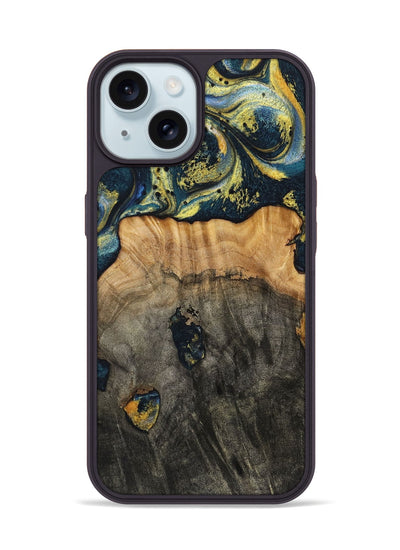 iPhone 15 Wood+Resin Phone Case - Eduardo (Teal & Gold, 720907)