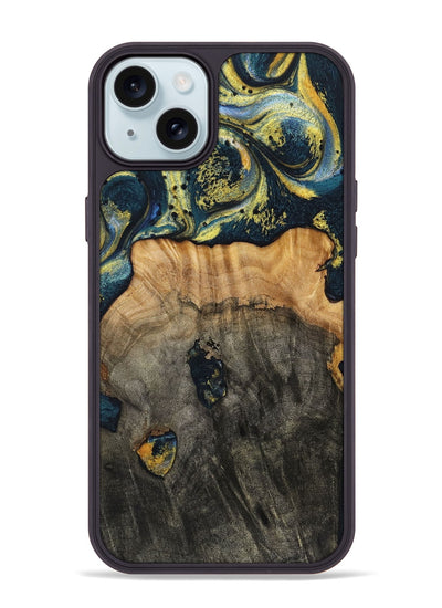 iPhone 15 Plus Wood+Resin Phone Case - Eduardo (Teal & Gold, 720907)