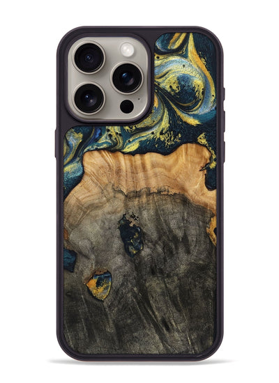 iPhone 15 Pro Max Wood+Resin Phone Case - Eduardo (Teal & Gold, 720907)