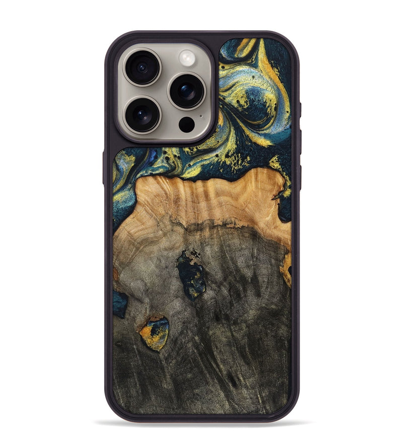 iPhone 15 Pro Max Wood+Resin Phone Case - Eduardo (Teal & Gold, 720907)