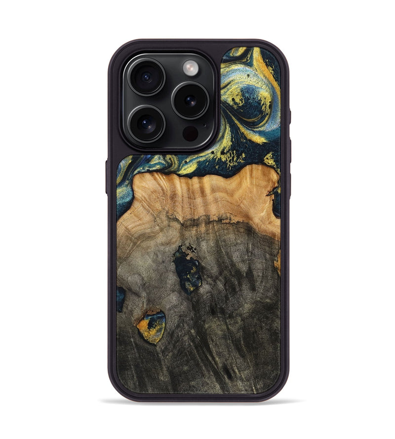 iPhone 15 Pro Wood+Resin Phone Case - Eduardo (Teal & Gold, 720907)