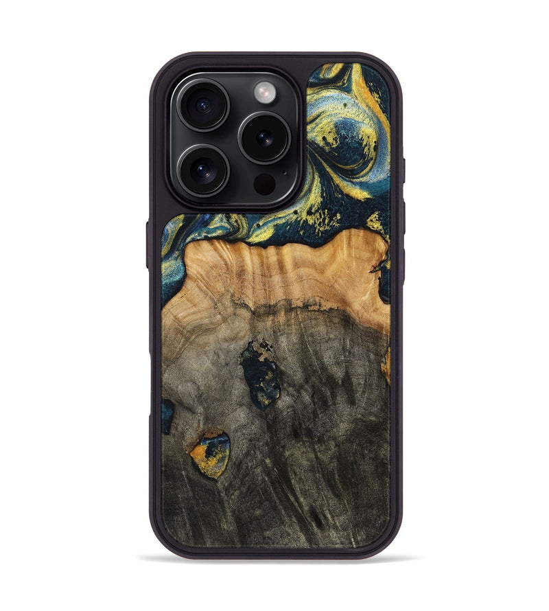 iPhone 16 Pro Wood+Resin Phone Case - Eduardo (Teal & Gold, 720907)