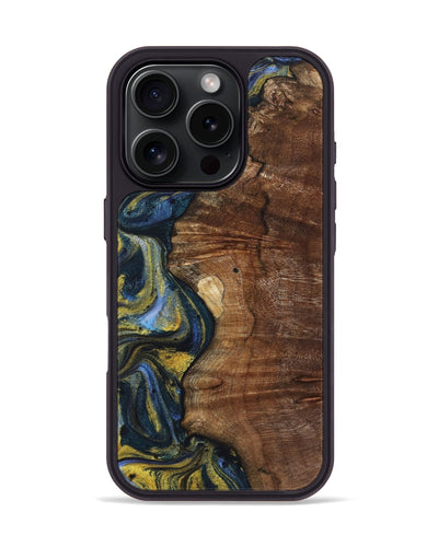 iPhone 16 Pro Wood+Resin Phone Case - Fred (Teal & Gold, 720916)