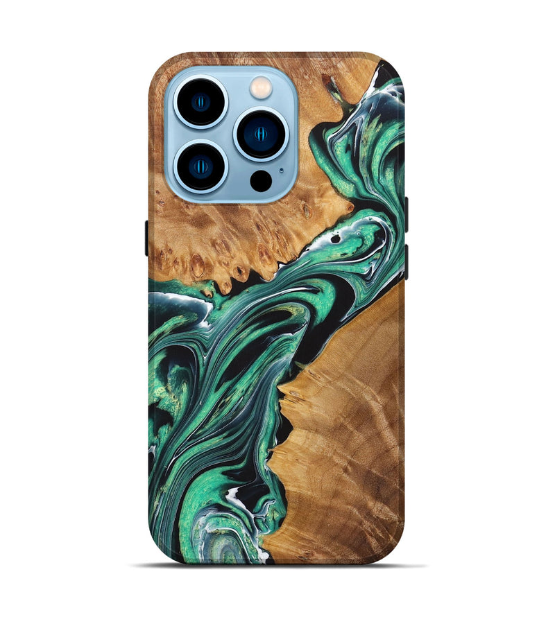 iPhone 14 Pro Wood+Resin Live Edge Phone Case - Amiyah (Green, 721054)