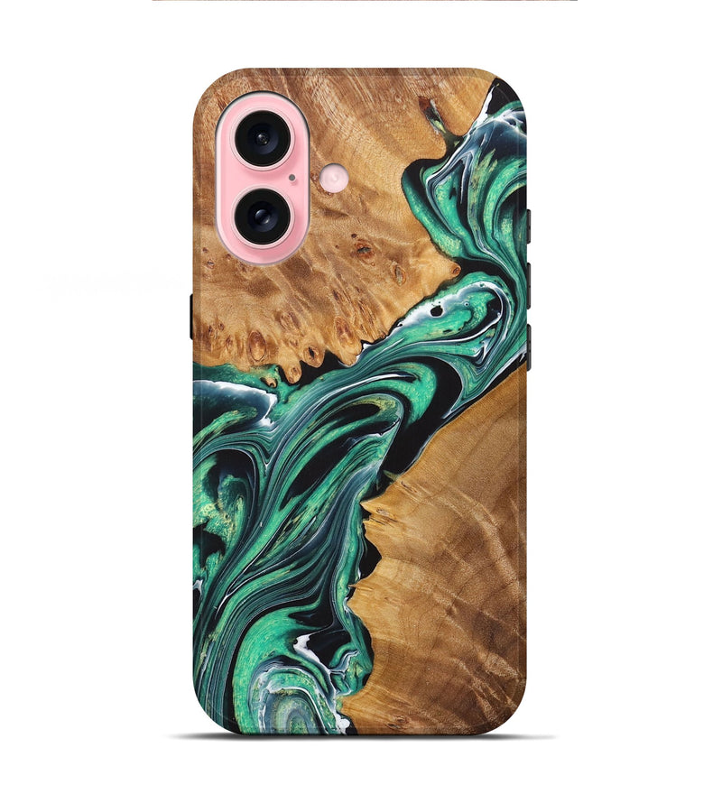 iPhone 16 Wood+Resin Live Edge Phone Case - Amiyah (Green, 721054)