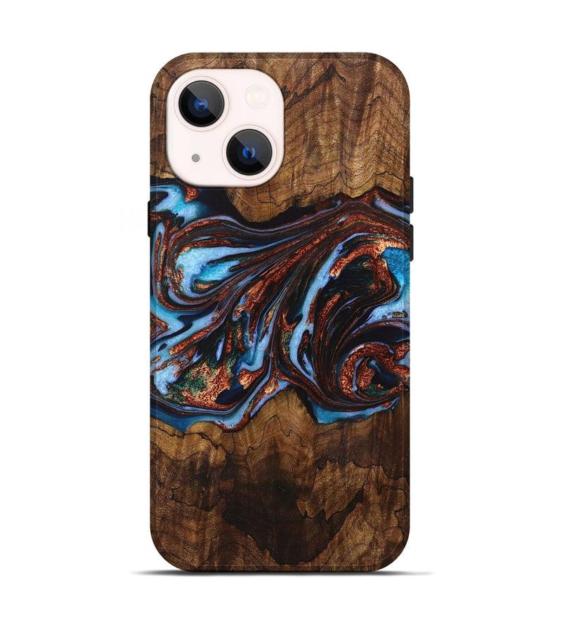 iPhone 14 Wood+Resin Live Edge Phone Case - Londyn (Teal & Gold, 721062)