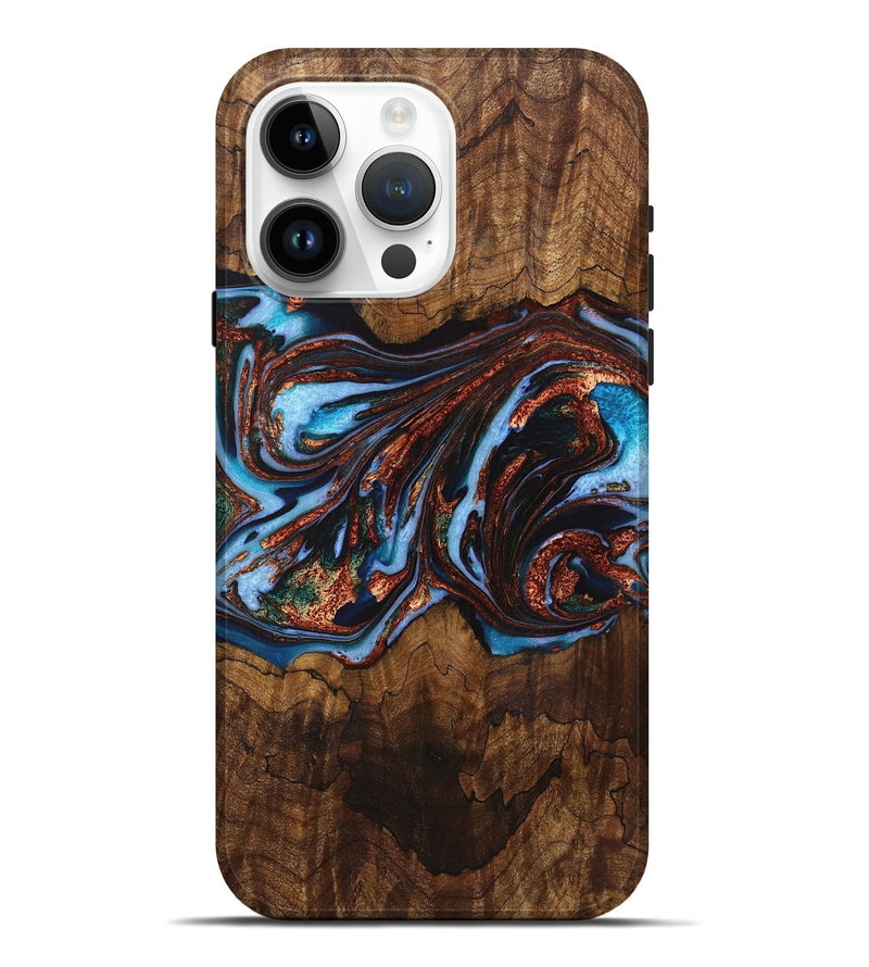 iPhone 15 Pro Max Wood+Resin Live Edge Phone Case - Londyn (Teal & Gold, 721062)