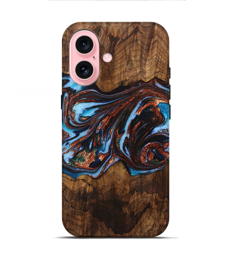 iPhone 16 Wood+Resin Live Edge Phone Case - Londyn (Teal & Gold, 721062)