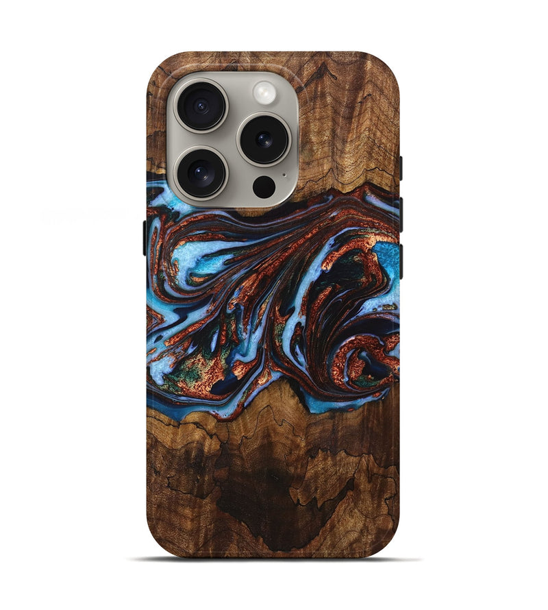 iPhone 16 Pro Wood+Resin Live Edge Phone Case - Londyn (Teal & Gold, 721062)