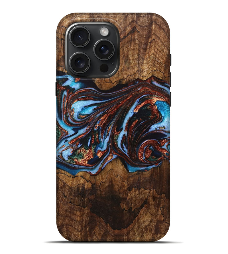 iPhone 16 Pro Max Wood+Resin Live Edge Phone Case - Londyn (Teal & Gold, 721062)