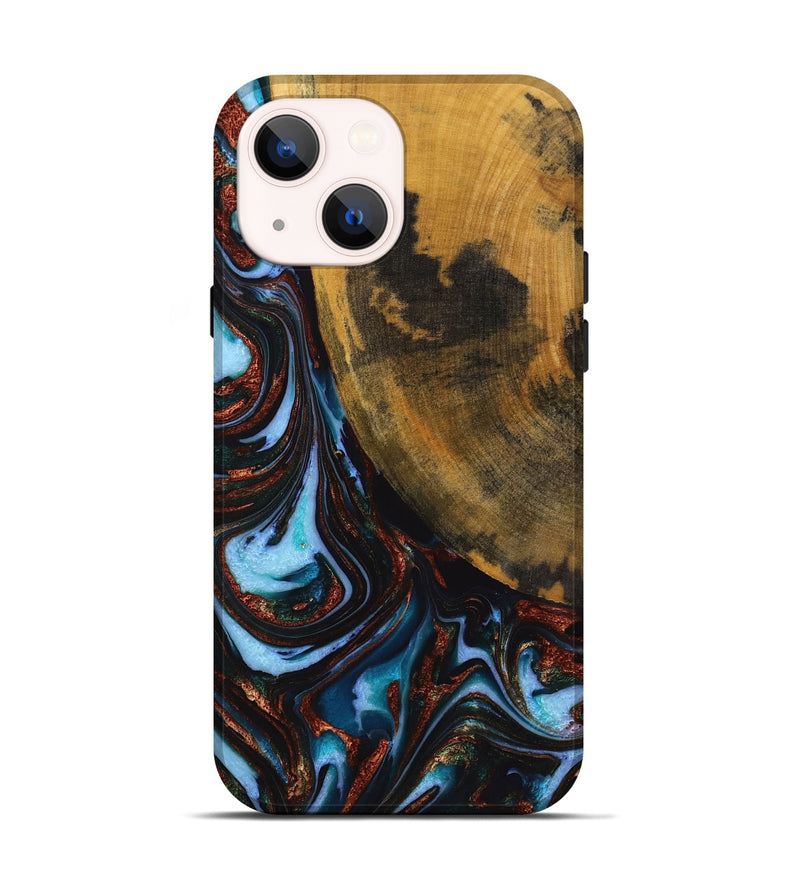 iPhone 14 Wood+Resin Live Edge Phone Case - Lila (Teal & Gold, 721064)