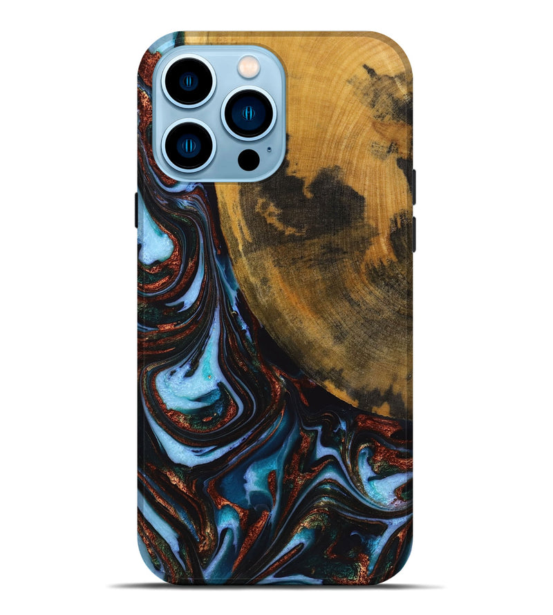 iPhone 14 Pro Max Wood+Resin Live Edge Phone Case - Lila (Teal & Gold, 721064)