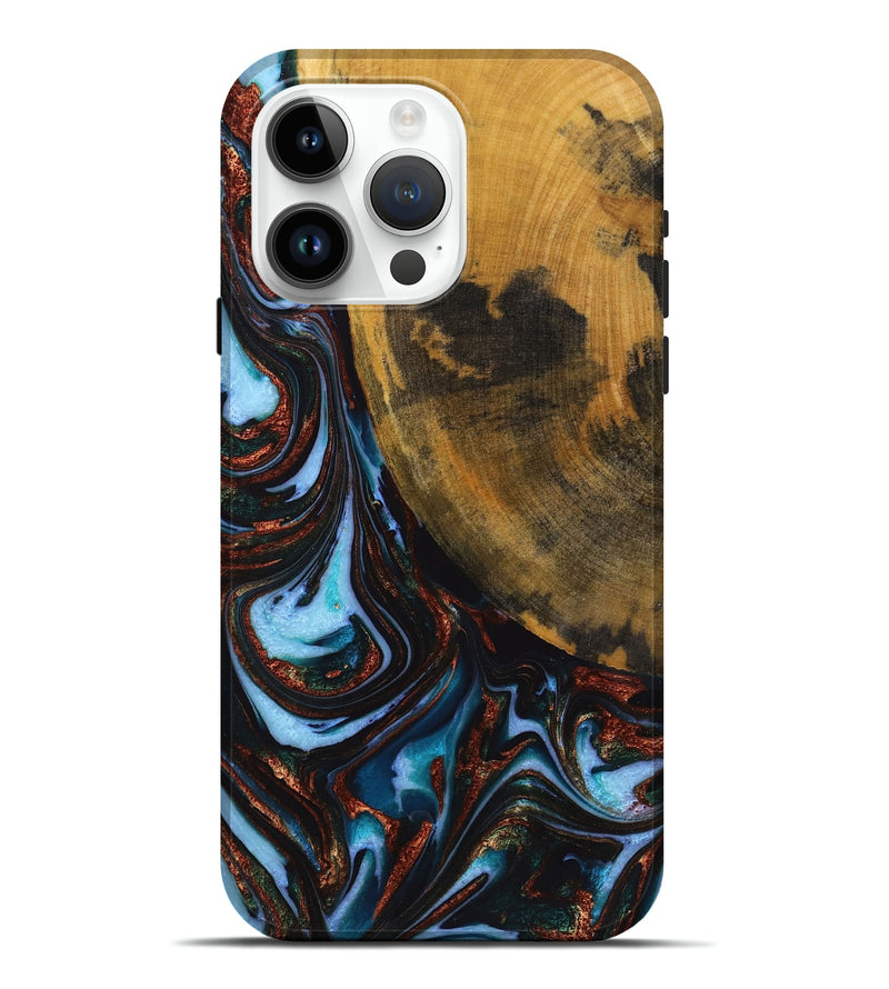 iPhone 15 Pro Max Wood+Resin Live Edge Phone Case - Lila (Teal & Gold, 721064)