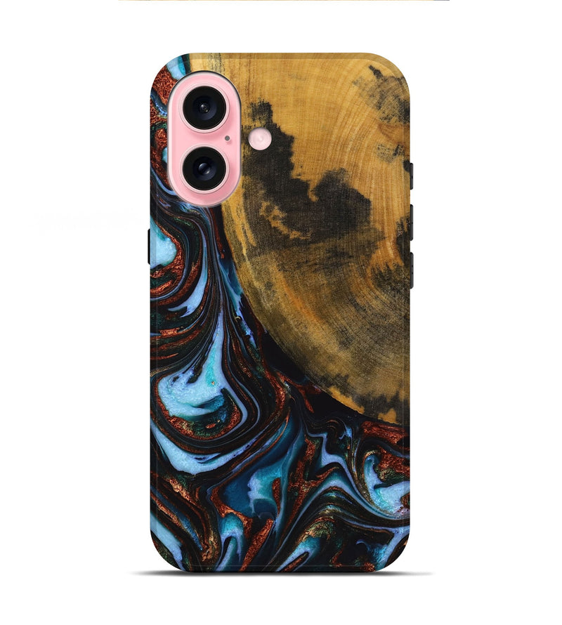 iPhone 16 Wood+Resin Live Edge Phone Case - Lila (Teal & Gold, 721064)