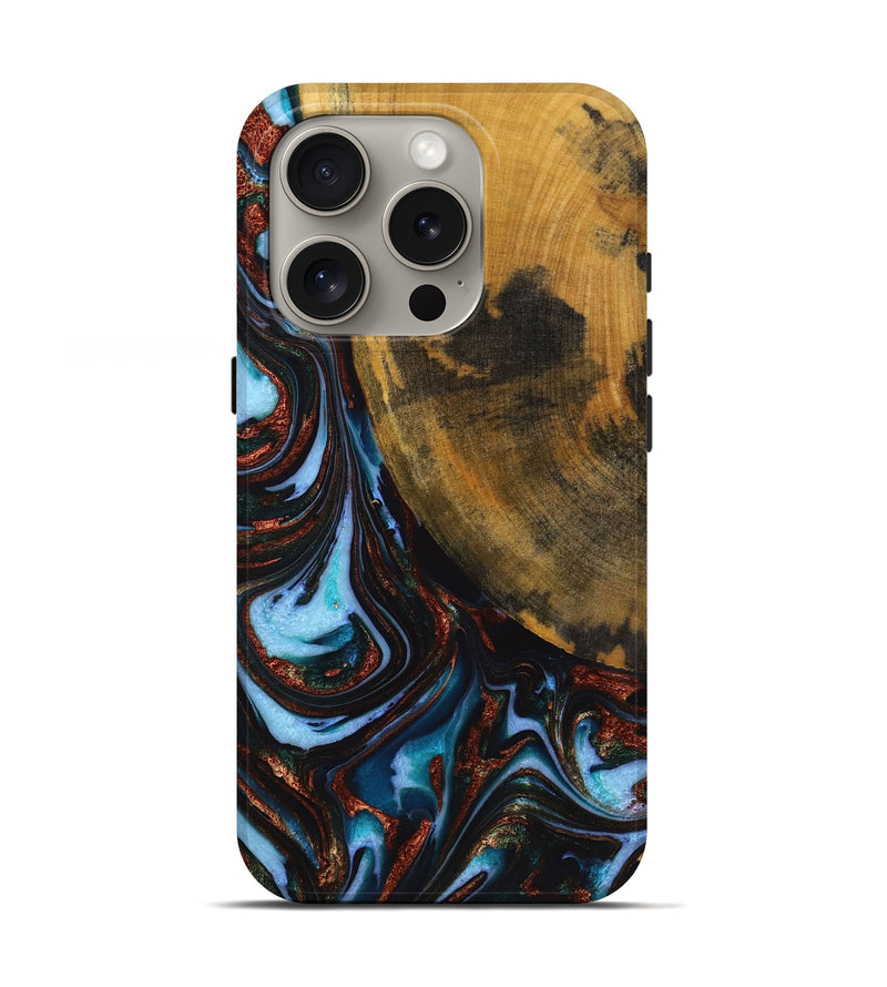 iPhone 16 Pro Wood+Resin Live Edge Phone Case - Lila (Teal & Gold, 721064)