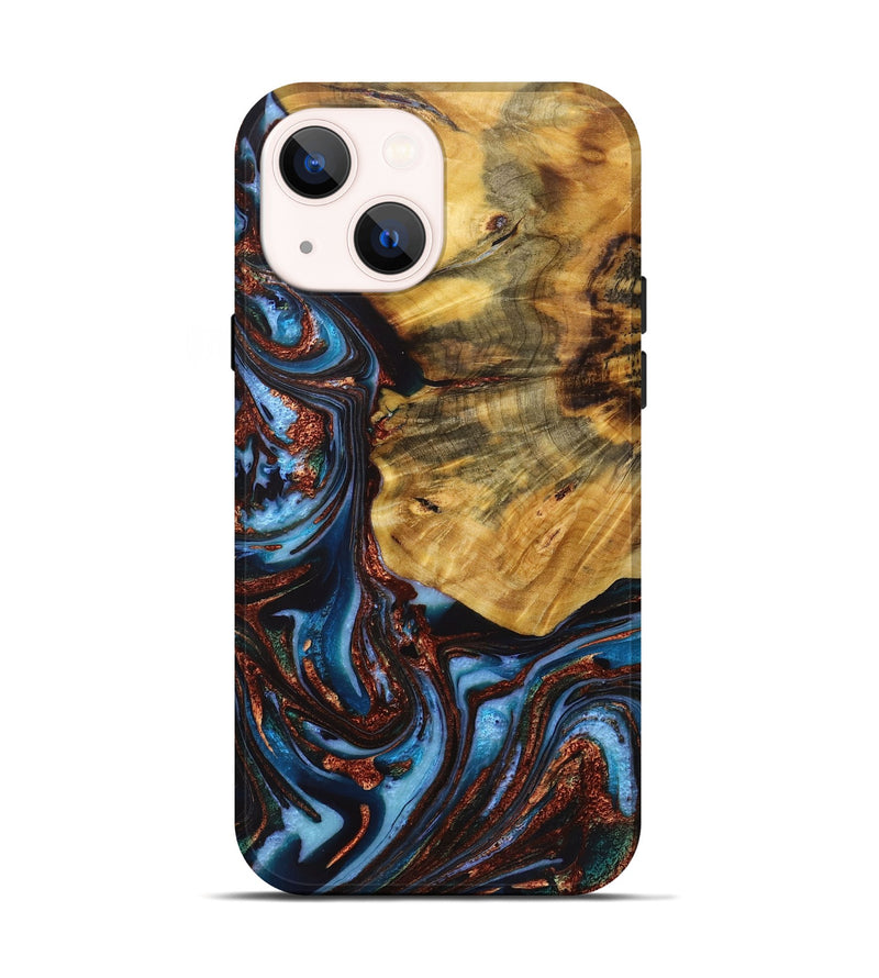 iPhone 14 Wood+Resin Live Edge Phone Case - Shaun (Teal & Gold, 721065)