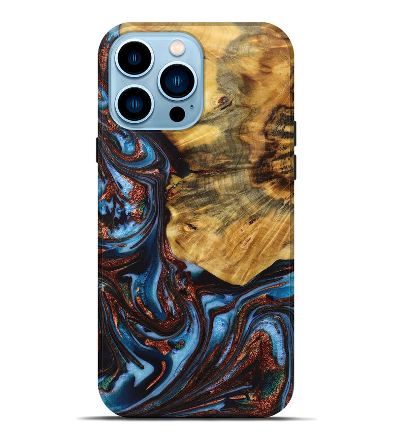 iPhone 14 Pro Max Wood+Resin Live Edge Phone Case - Shaun (Teal & Gold, 721065)