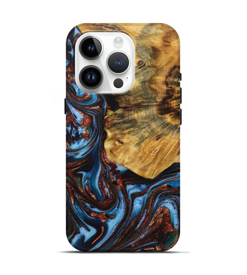 iPhone 15 Pro Wood+Resin Live Edge Phone Case - Shaun (Teal & Gold, 721065)