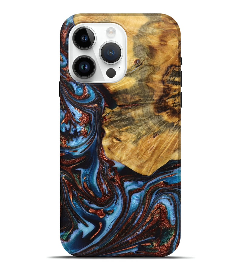 iPhone 15 Pro Max Wood+Resin Live Edge Phone Case - Shaun (Teal & Gold, 721065)