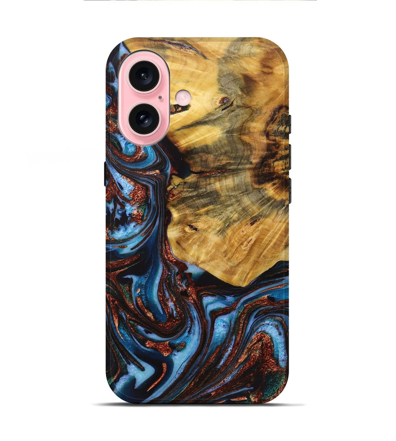 iPhone 16 Wood+Resin Live Edge Phone Case - Shaun (Teal & Gold, 721065)