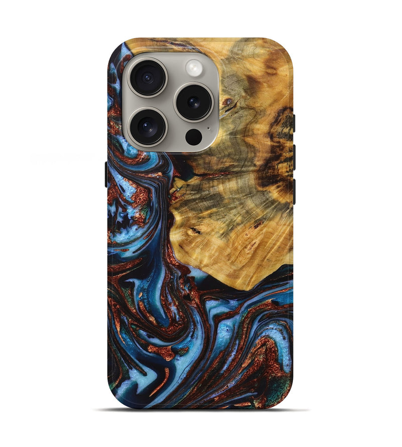 iPhone 16 Pro Wood+Resin Live Edge Phone Case - Shaun (Teal & Gold, 721065)