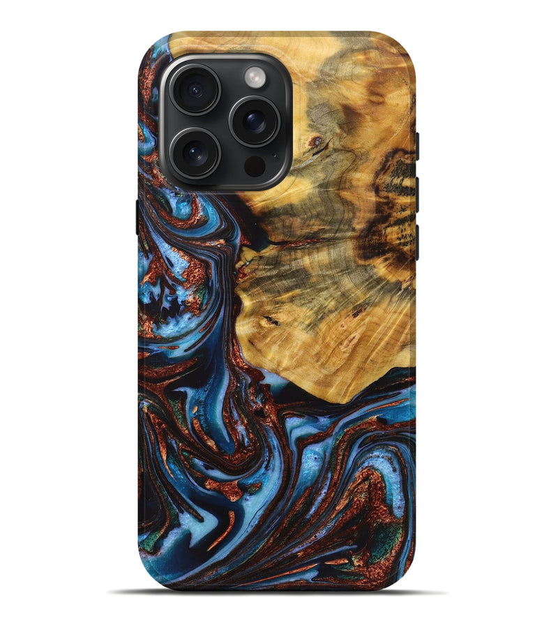 iPhone 16 Pro Max Wood+Resin Live Edge Phone Case - Shaun (Teal & Gold, 721065)