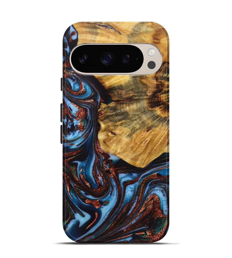 Pixel 9 Wood+Resin Live Edge Phone Case - Shaun (Teal & Gold, 721065)