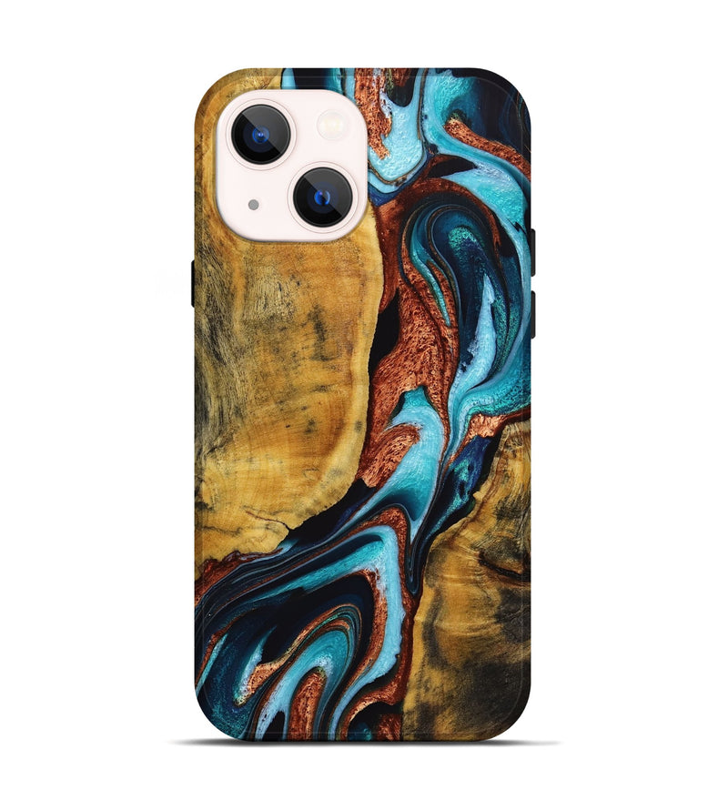 iPhone 14 Wood+Resin Live Edge Phone Case - Kizzy (Teal & Gold, 721101)