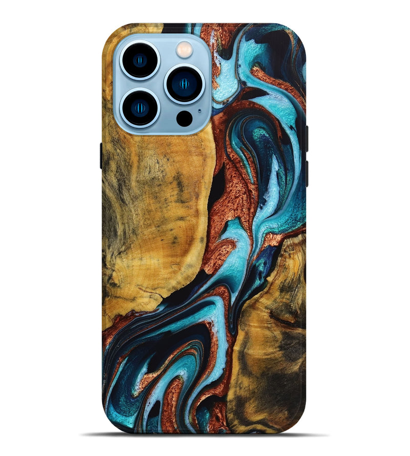 iPhone 14 Pro Max Wood+Resin Live Edge Phone Case - Kizzy (Teal & Gold, 721101)