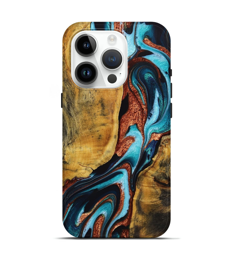 iPhone 15 Pro Wood+Resin Live Edge Phone Case - Kizzy (Teal & Gold, 721101)