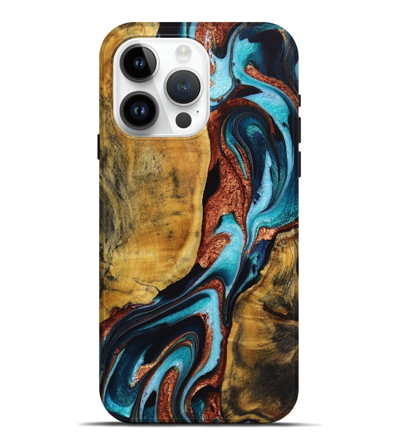 iPhone 15 Pro Max Wood+Resin Live Edge Phone Case - Kizzy (Teal & Gold, 721101)