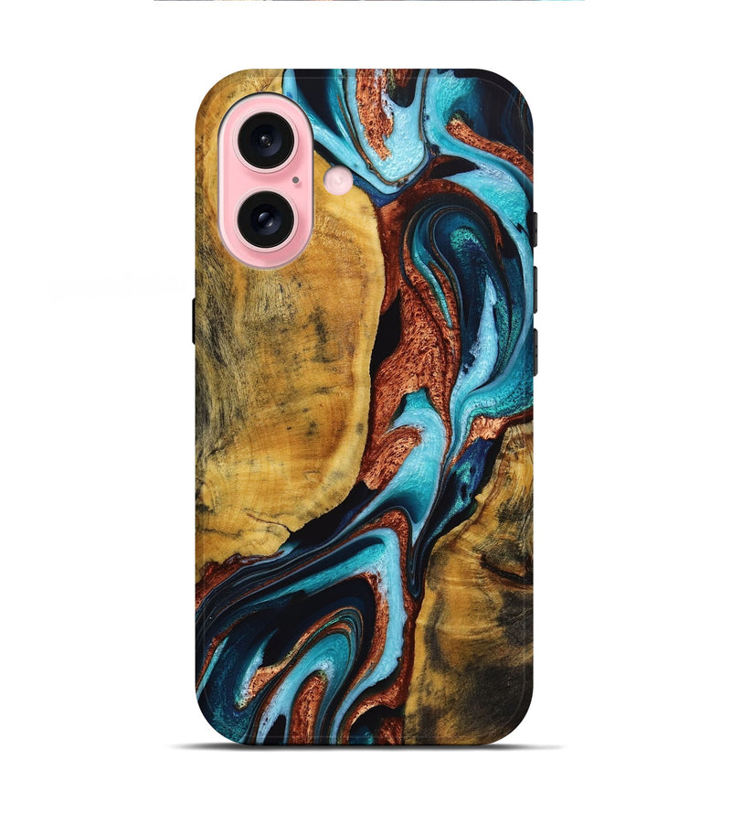 iPhone 16 Wood+Resin Live Edge Phone Case - Kizzy (Teal & Gold, 721101)