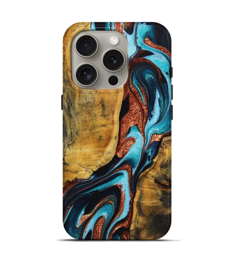 iPhone 16 Pro Wood+Resin Live Edge Phone Case - Kizzy (Teal & Gold, 721101)