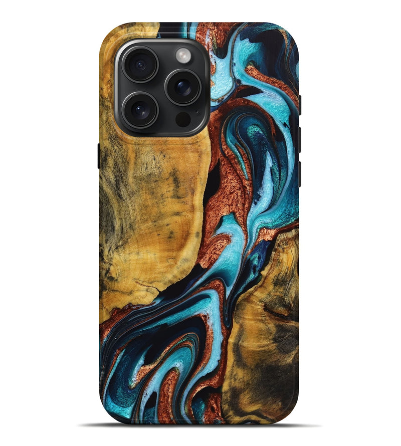 iPhone 16 Pro Max Wood+Resin Live Edge Phone Case - Kizzy (Teal & Gold, 721101)